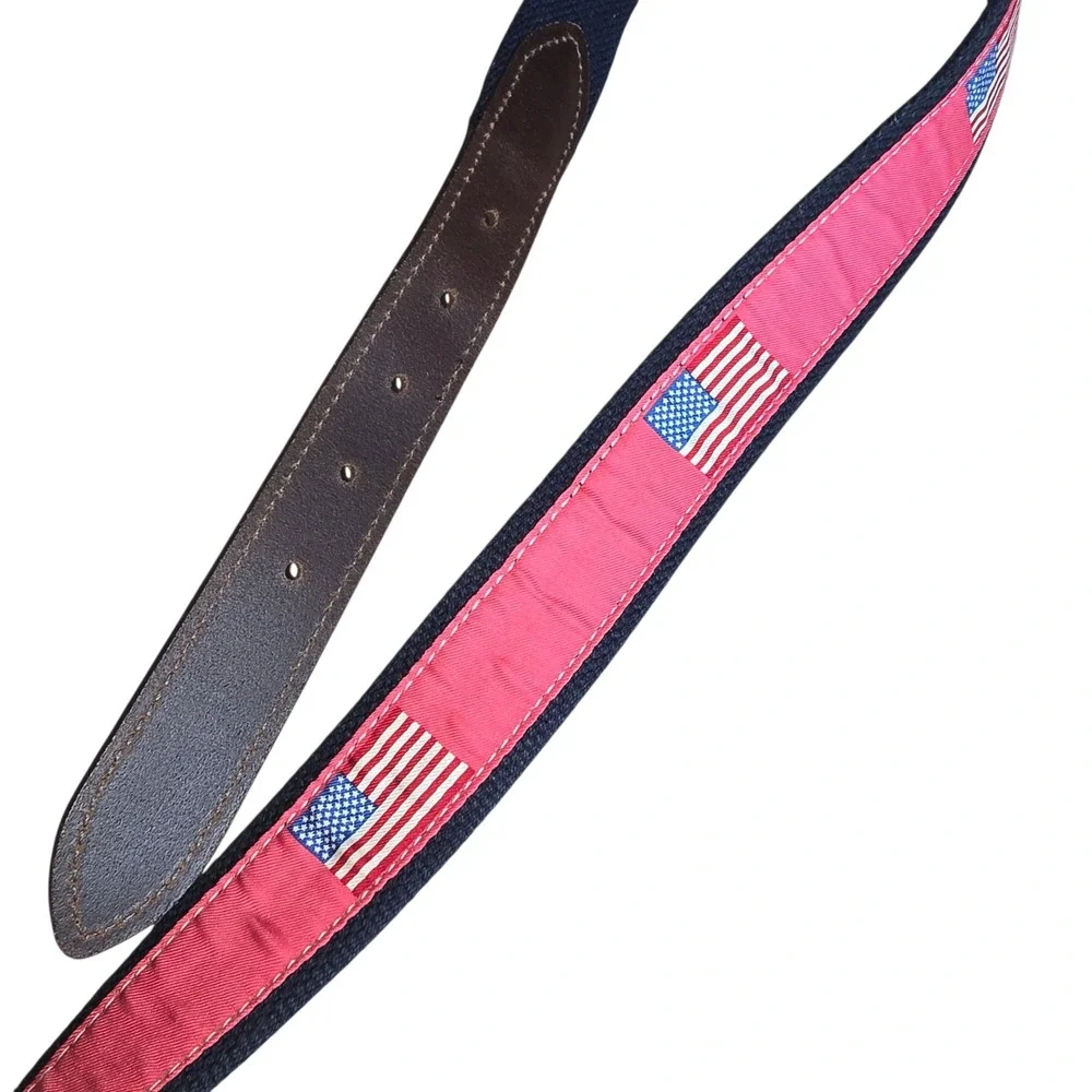 Vineyard Vines Mens 30 Belt Navy Pink American Flag Canvas Leather Made in USA